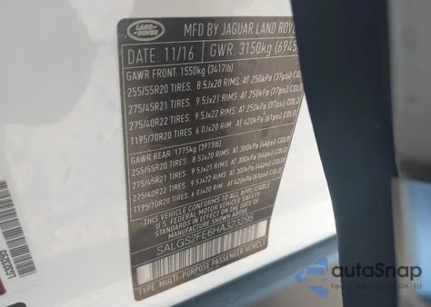 2017 Land Rover Range Rover 5.0L V8 Supercharged z USA, uszkodzony, nr VIN SALGS2FE6HA323295